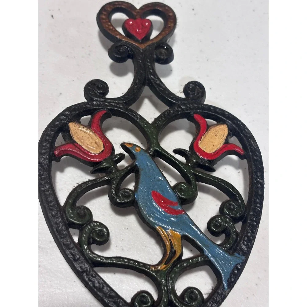 Vintage Cast Iron Trivet Heart Blue Bird Red Tulip Folk Art Pennsylvania Dutch